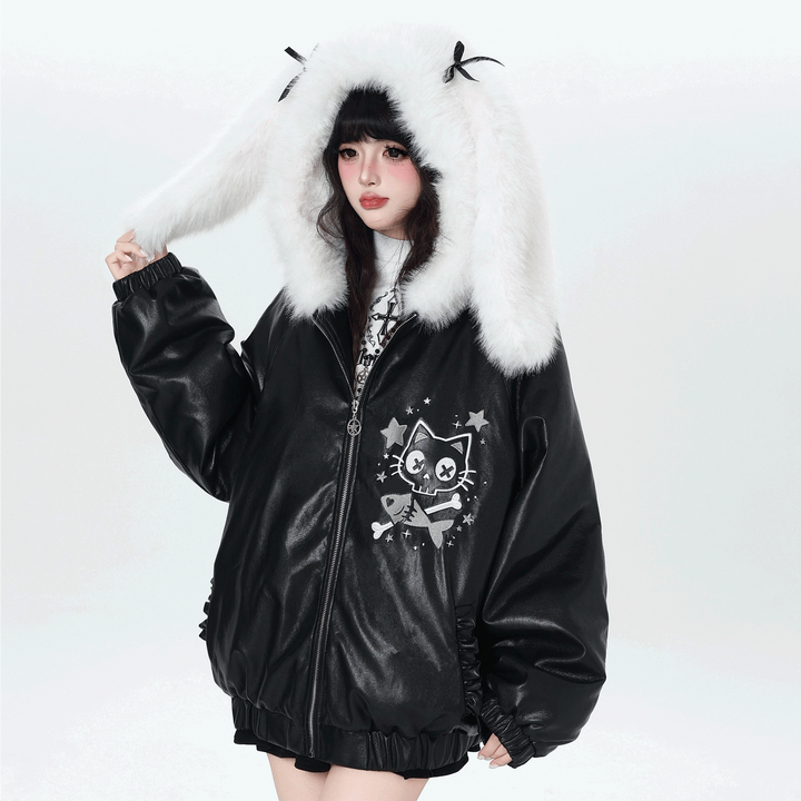CrazyGirl】うさ耳フードファー付ゆったりフェイクレザージャケット