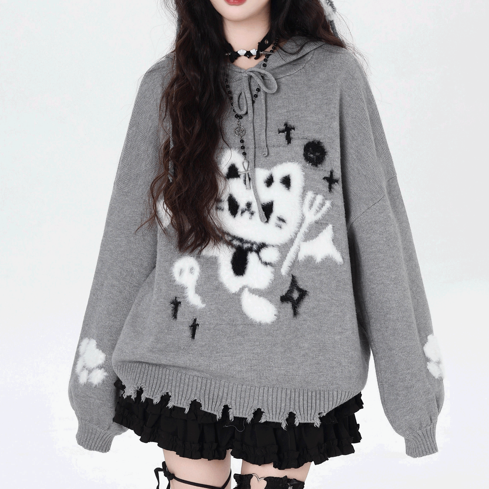 【CrazyGirl】ダメージ加工猫耳フード付デフォルメキャットニット◆セーター サブカル系 S、M