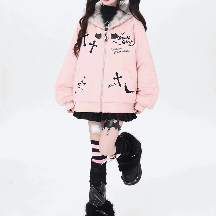 CrazyGirl】ビッグラビットイヤーファー付ジップジャケット