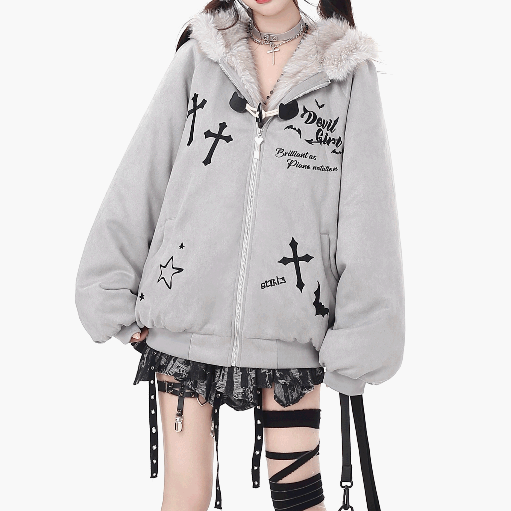 【CrazyGirl】ビッグラビットイヤーファー付ジップジャケット◆ジャケット 地雷系 S、M、L