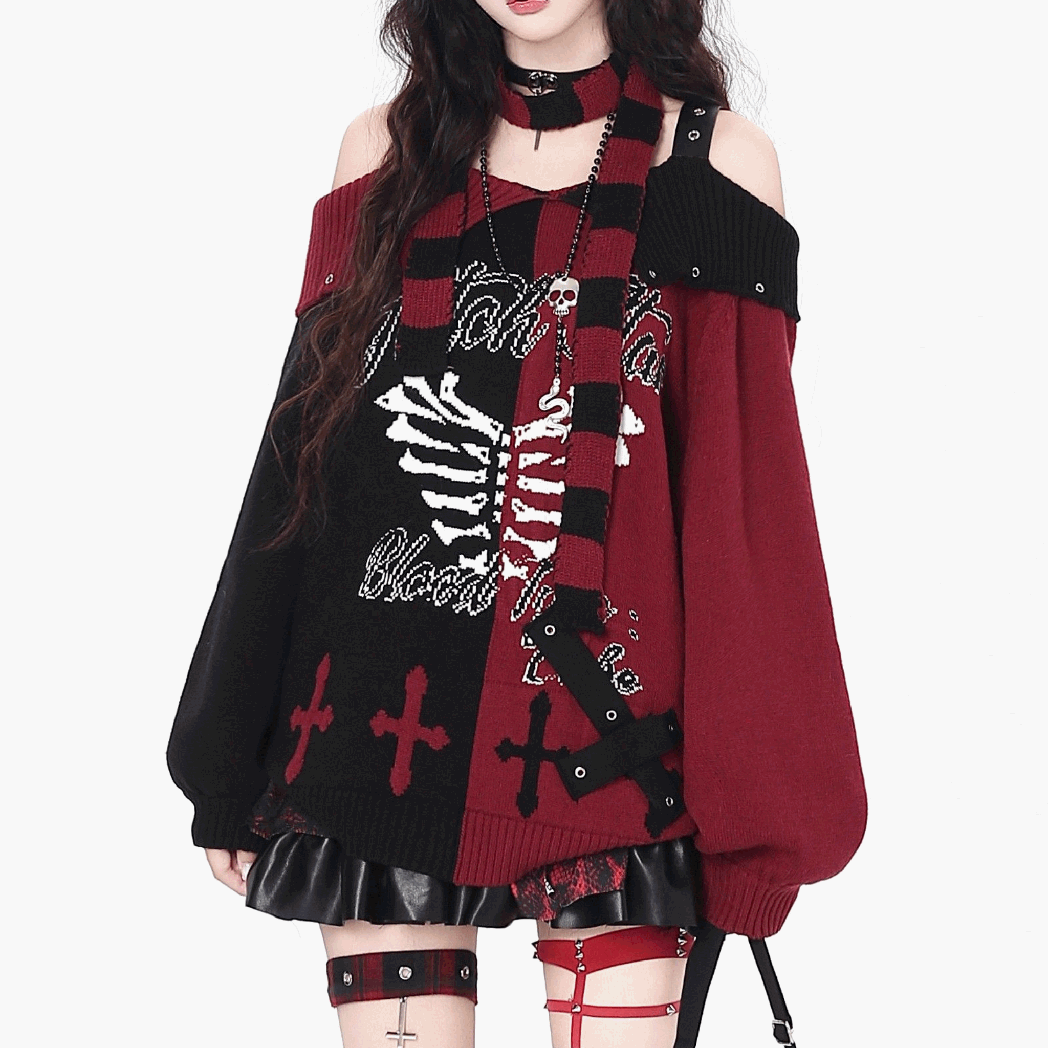 CrazyGirl】スケルトン柄アシンメトリーオフショルダーセーター
