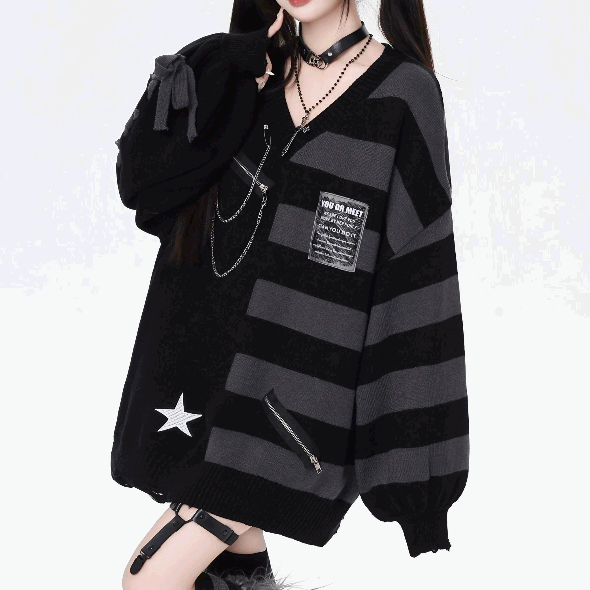 【CrazyGirl】ボーダー切替アシメデザインＶネックセーター◆セーター 地雷系 S、M