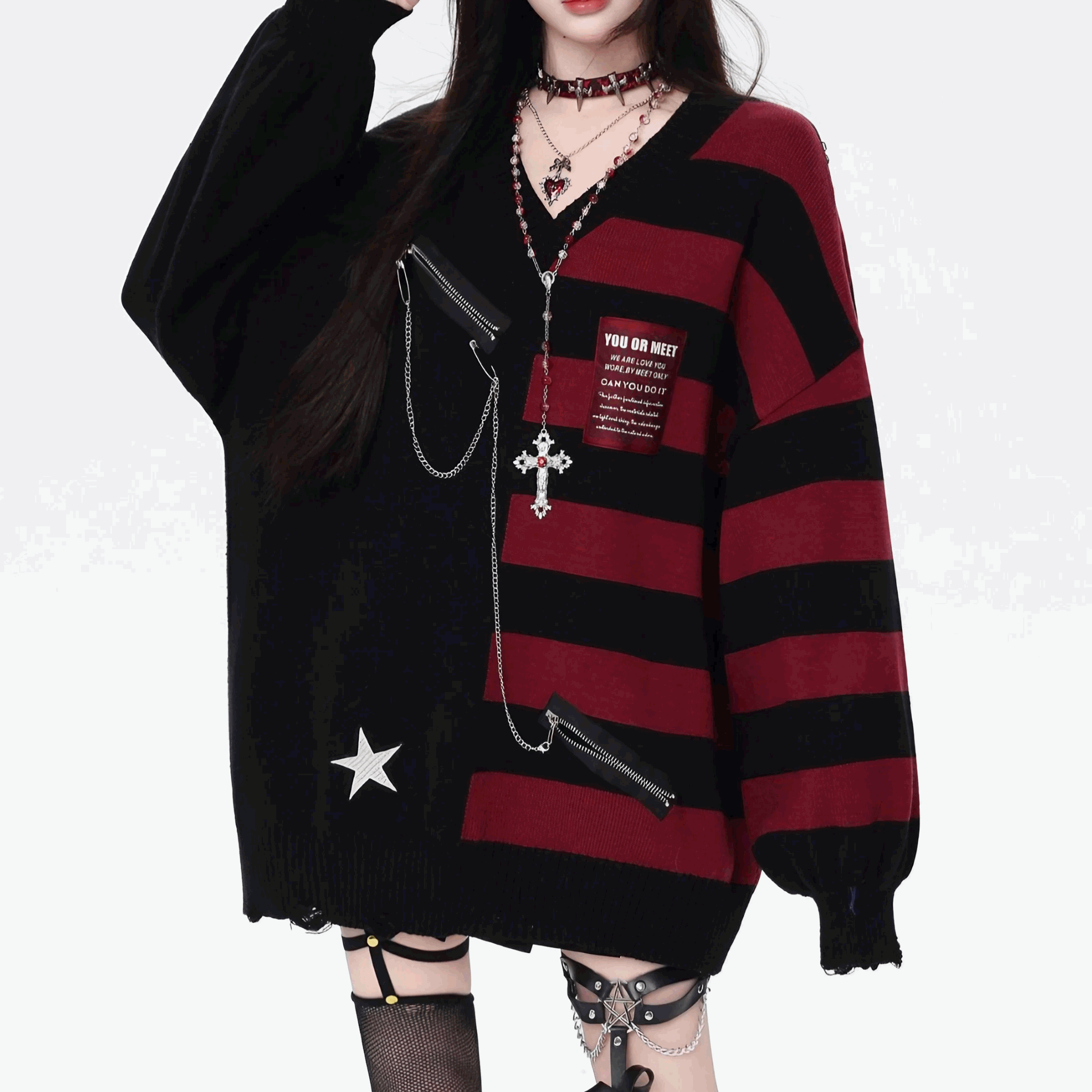 【CrazyGirl】ボーダー切替アシメデザインＶネックセーター◆セーター 地雷系 S、M