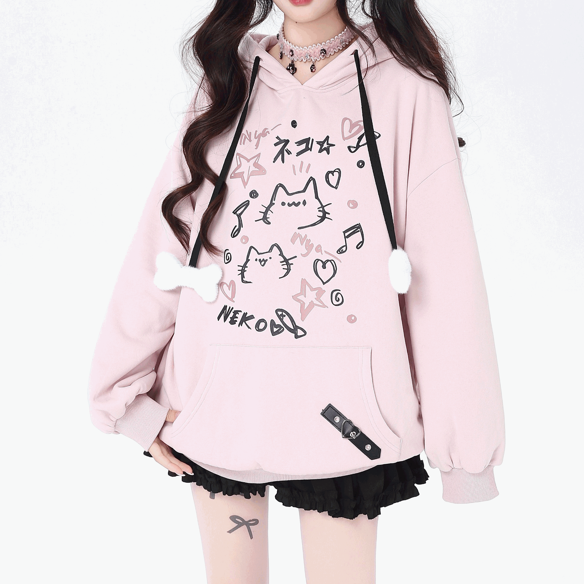 【CrazyGirl】グラフィティキャットオーバーサイズパーカー◆パーカー サブカル系 S、M、L