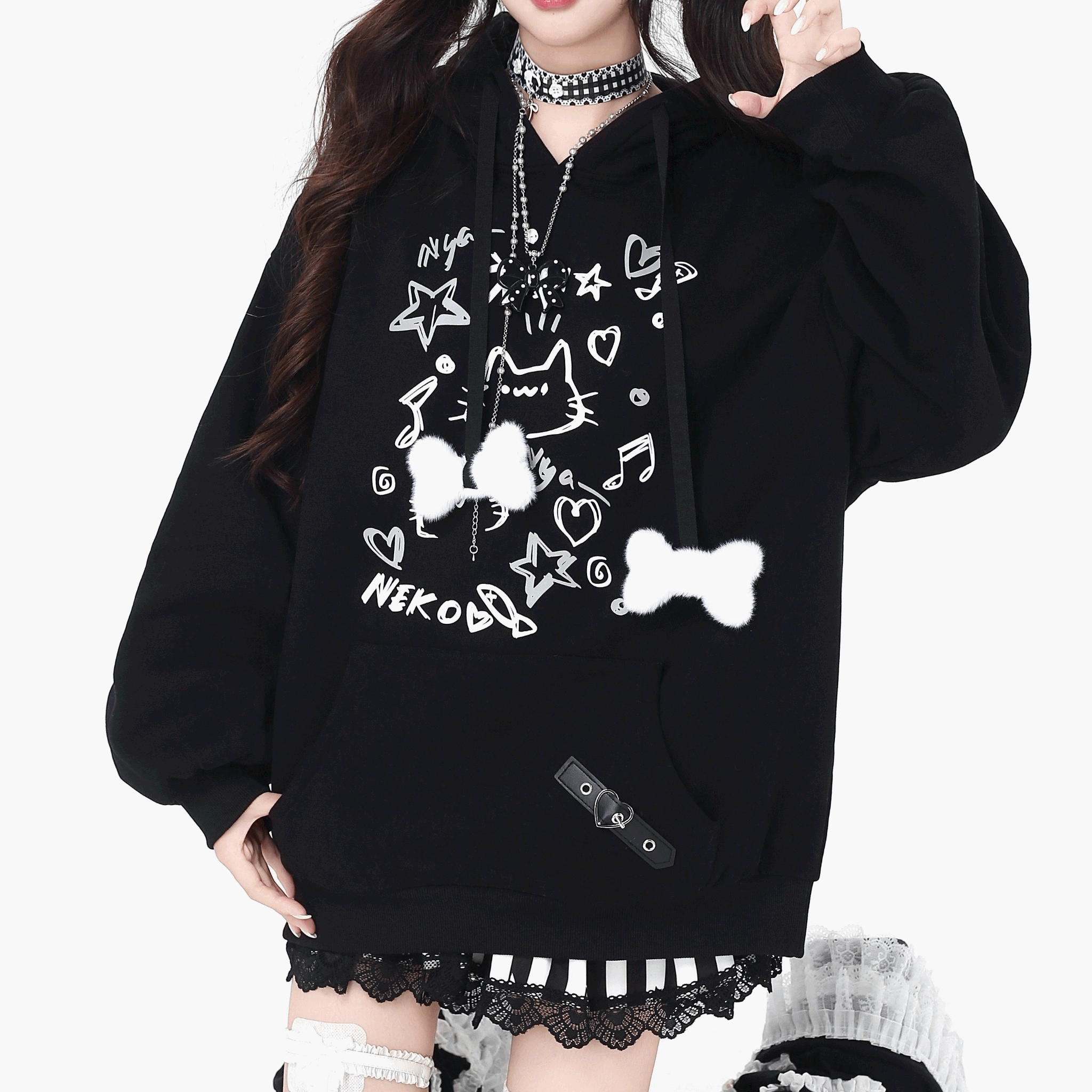 【CrazyGirl】グラフィティキャットオーバーサイズパーカー◆パーカー サブカル系 S、M、L