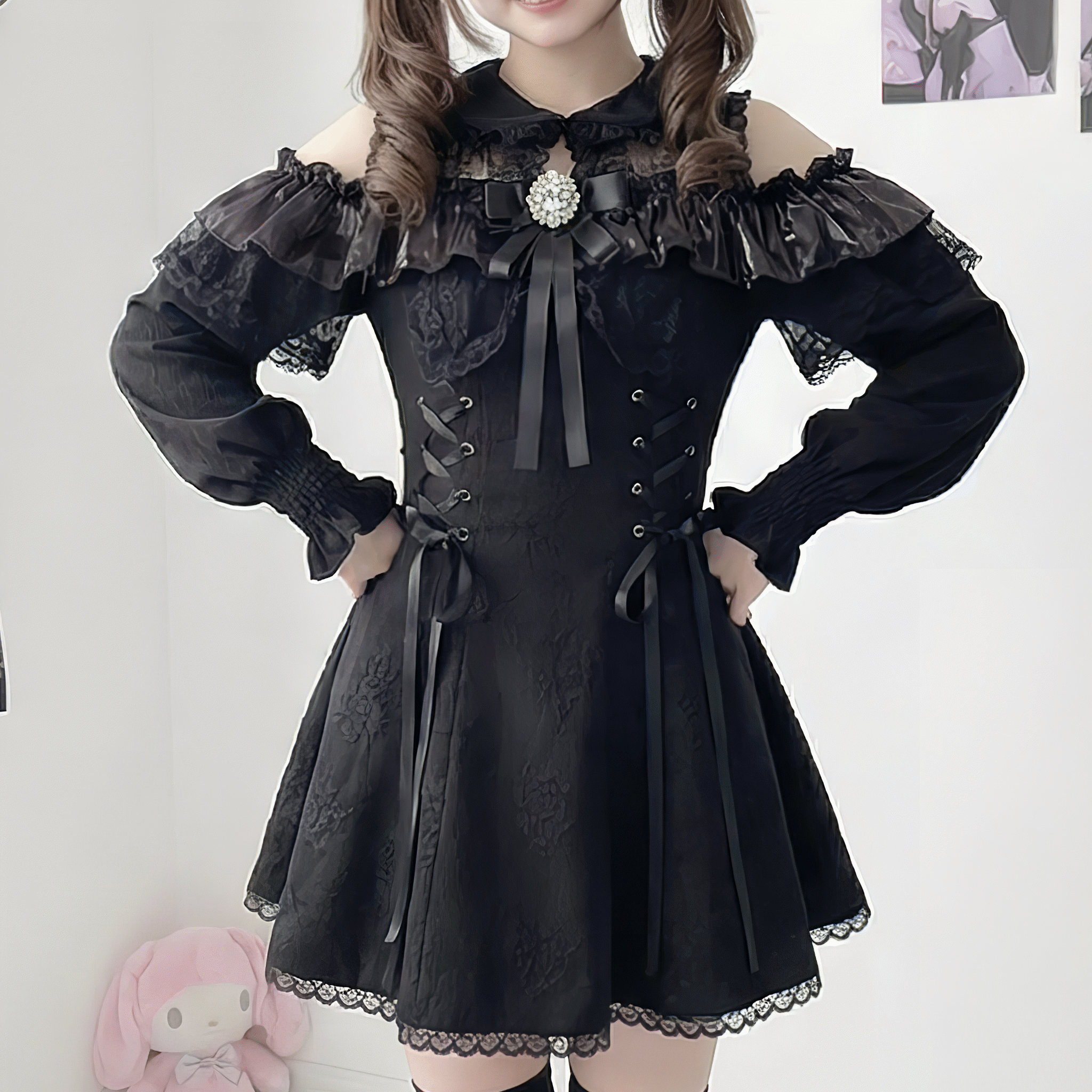 ビジューリボン付フリルミニワンピース◆ワンピース 地雷系 M、L