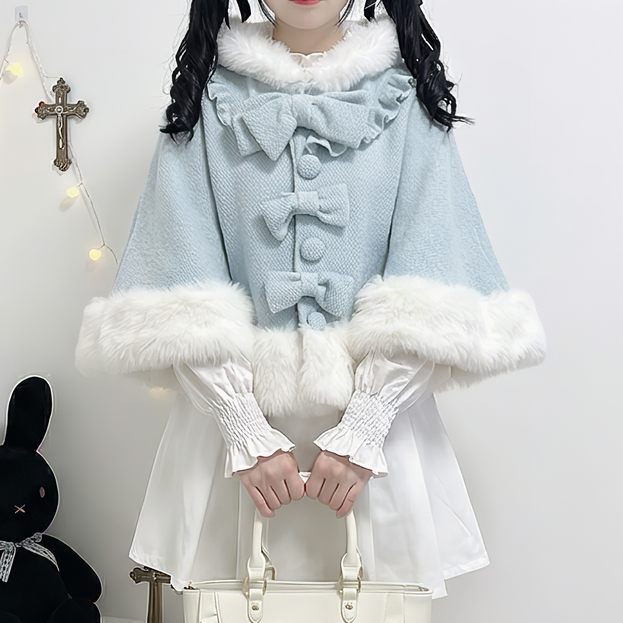 ふわふわファー猫耳フードショートポンチョ◆コート ガーリー系 ワンサイズ