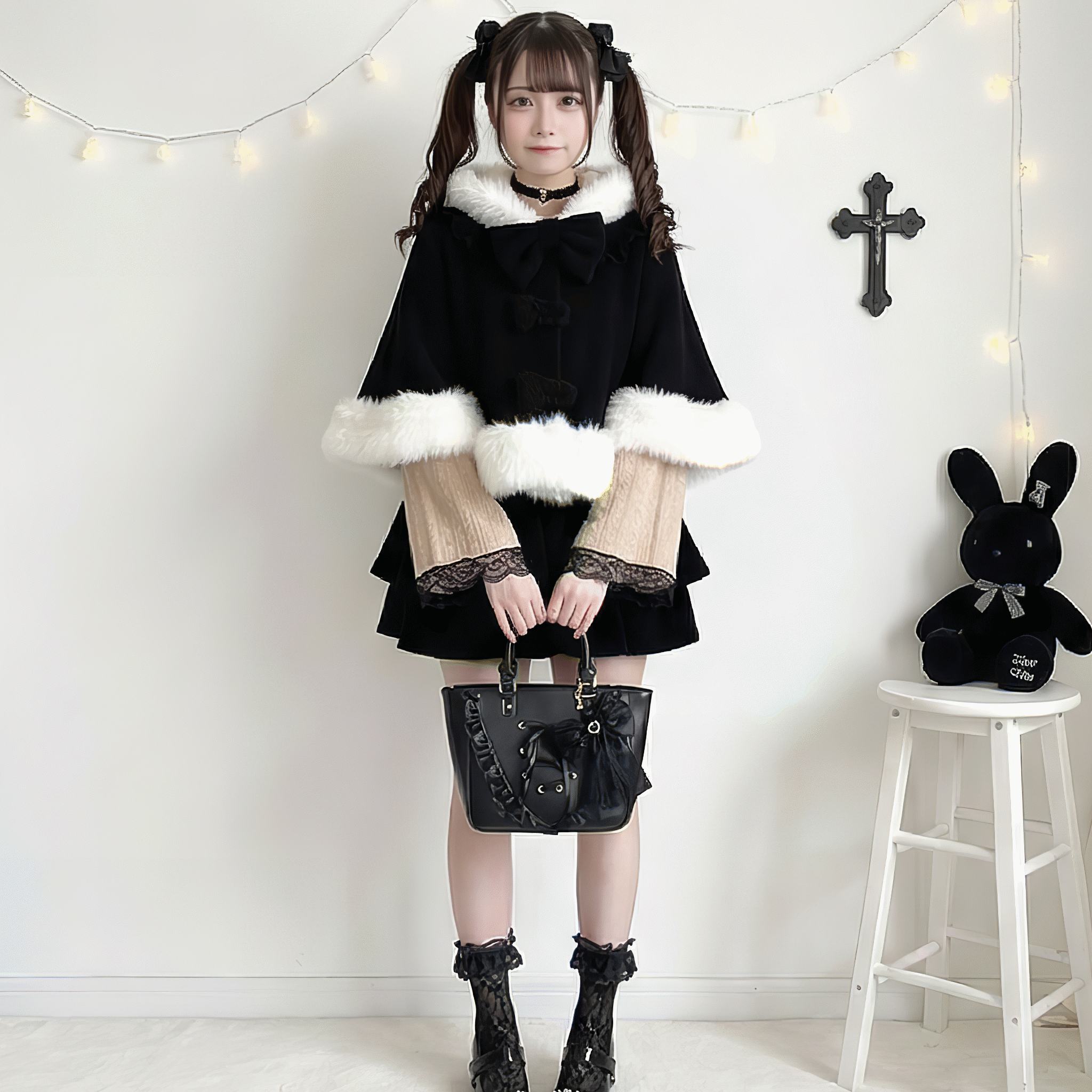 ふわふわファー猫耳フードショートポンチョ◆コート ガーリー系 ワンサイズ