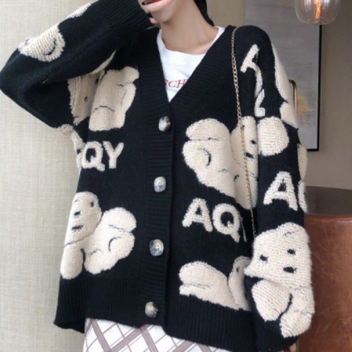Vネックルーズニットカーディガン◆カーディガン ガーリー系 S、M、L、XL