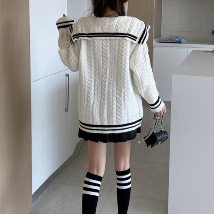 ネイビーカラーニットセーター◆セーター 学生服 ワンサイズ