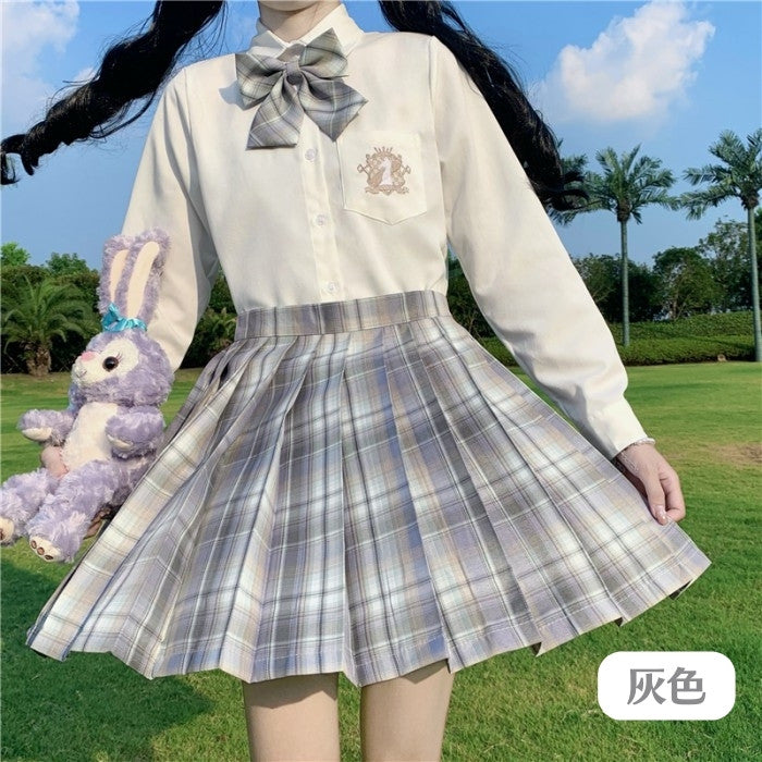 白シャツ+チェック柄スカート+リボンタイ3点セット「6」◆上下セット 学生服 XS、S、M、L、XL