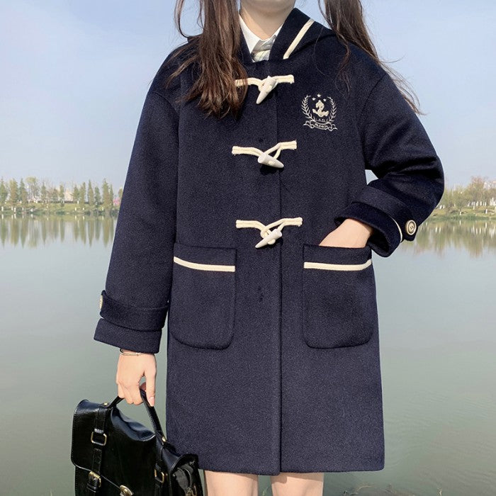 フード付ホーンバックルウールコート◆コート 学生服 S、M、L、XL