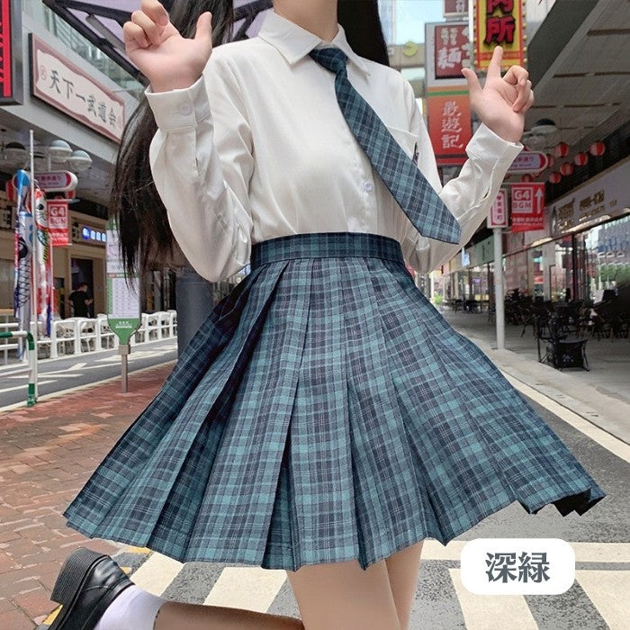 シャツ+チェック柄スカート+ネクタイ+リボンタイ4点セット「8」◆上下セット 学生服 XS、S、M、L、XL、XXL