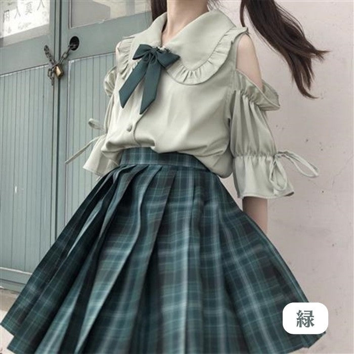 オフショルシャツ+チェック柄スカート+リボンタイ3点セット「8」◆上下セット ガーリー系 S、M、L、XL