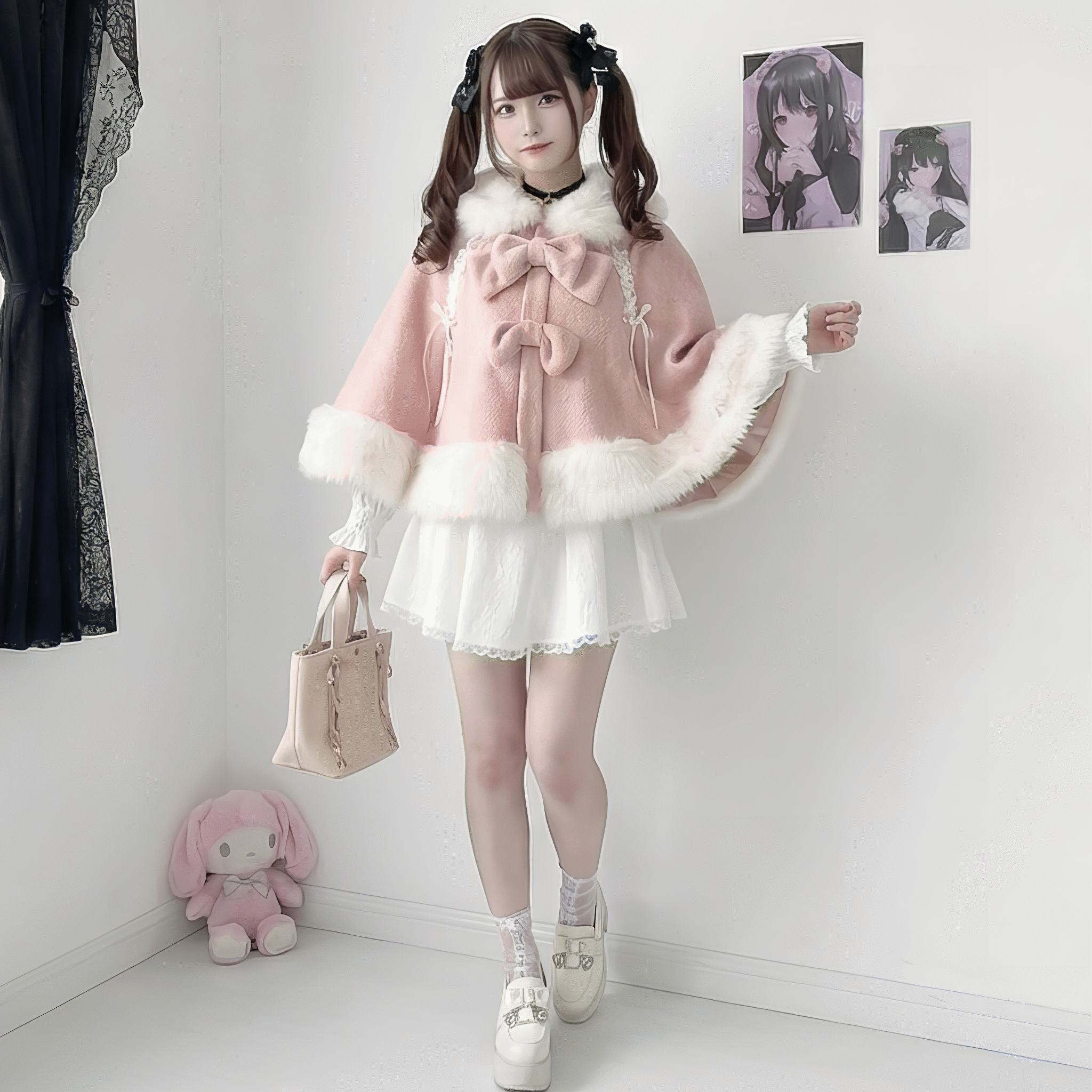 うさ耳フード付きリボンファーショートケープ◆コート ガーリー系 ワンサイズ