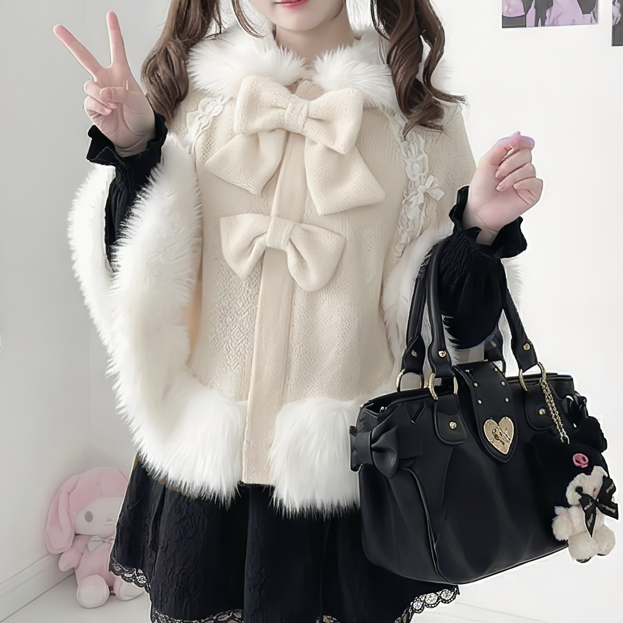 うさ耳フード付きリボンファーショートケープ◆コート ガーリー系 ワンサイズ