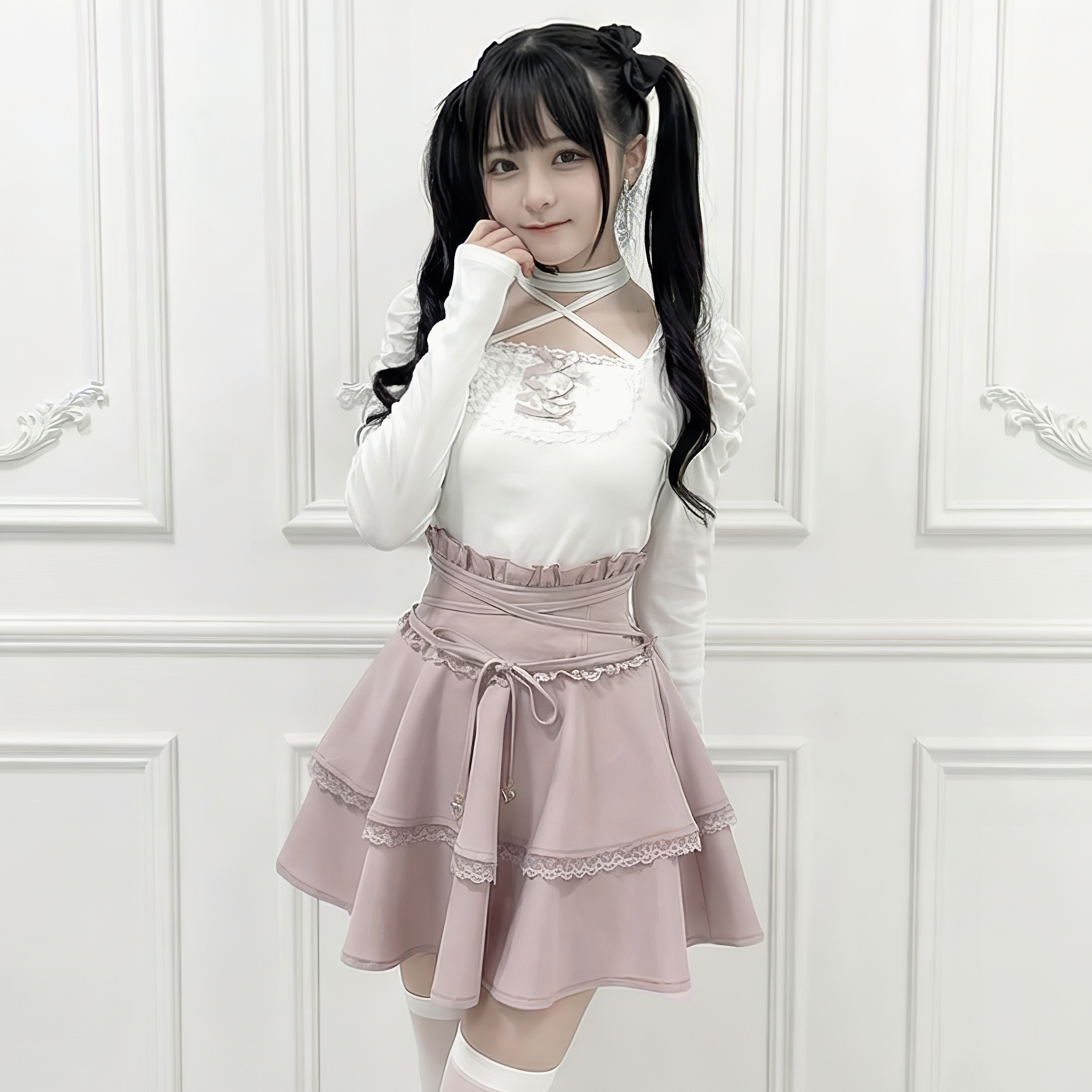 【Nekura】チョーカーネックレース切替リブトップス◆カットソー 量産型 S、M