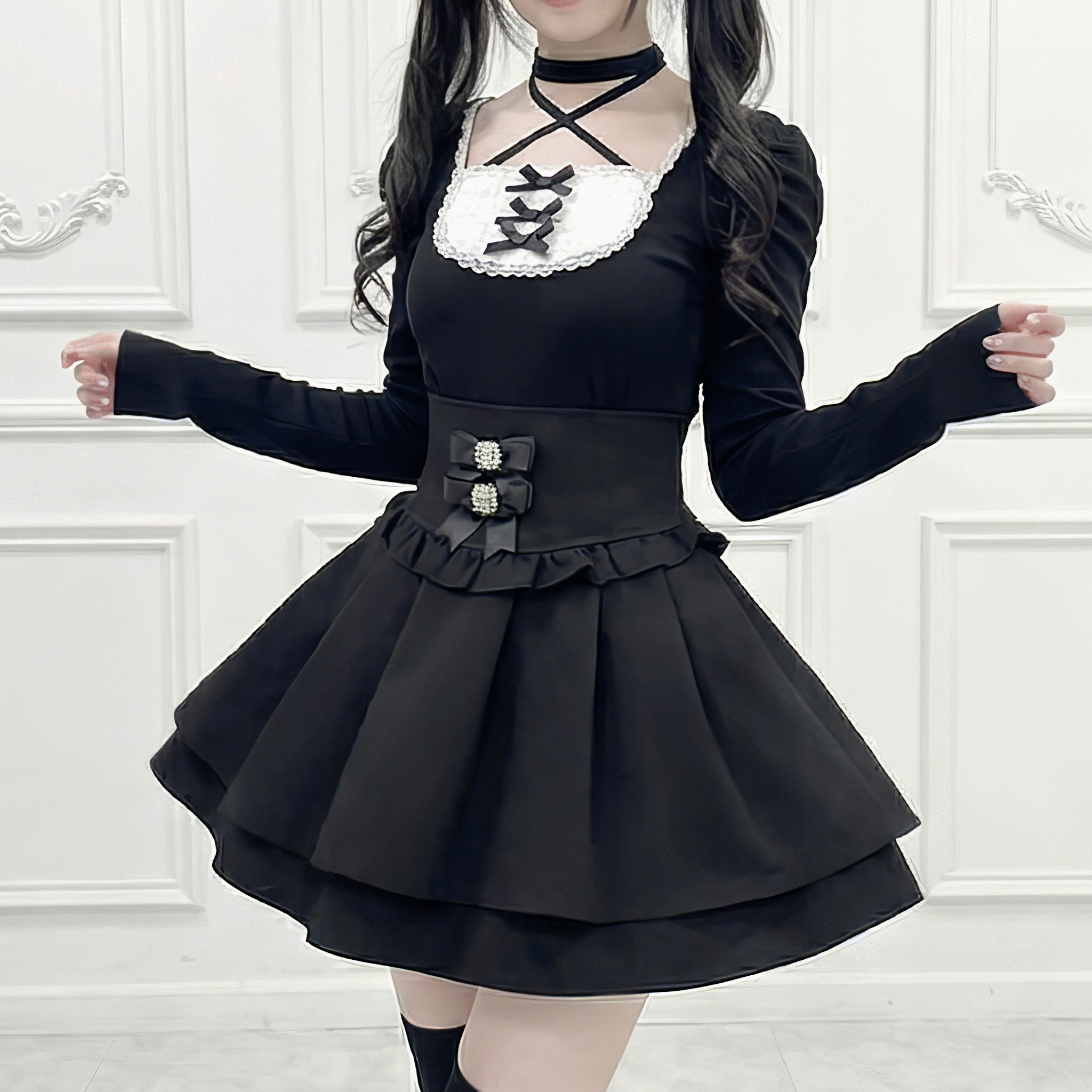 【Nekura】チョーカーネックレース切替リブトップス◆カットソー 量産型 S、M
