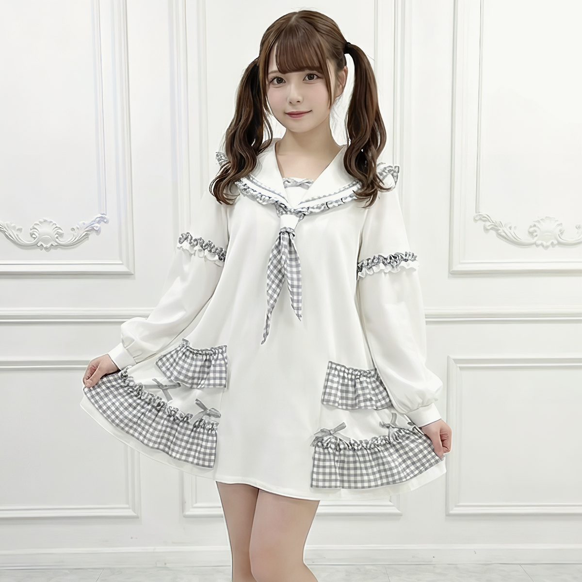 FluffyHeart】セーラーカラーギンガムチェックチュニック◇スウェット