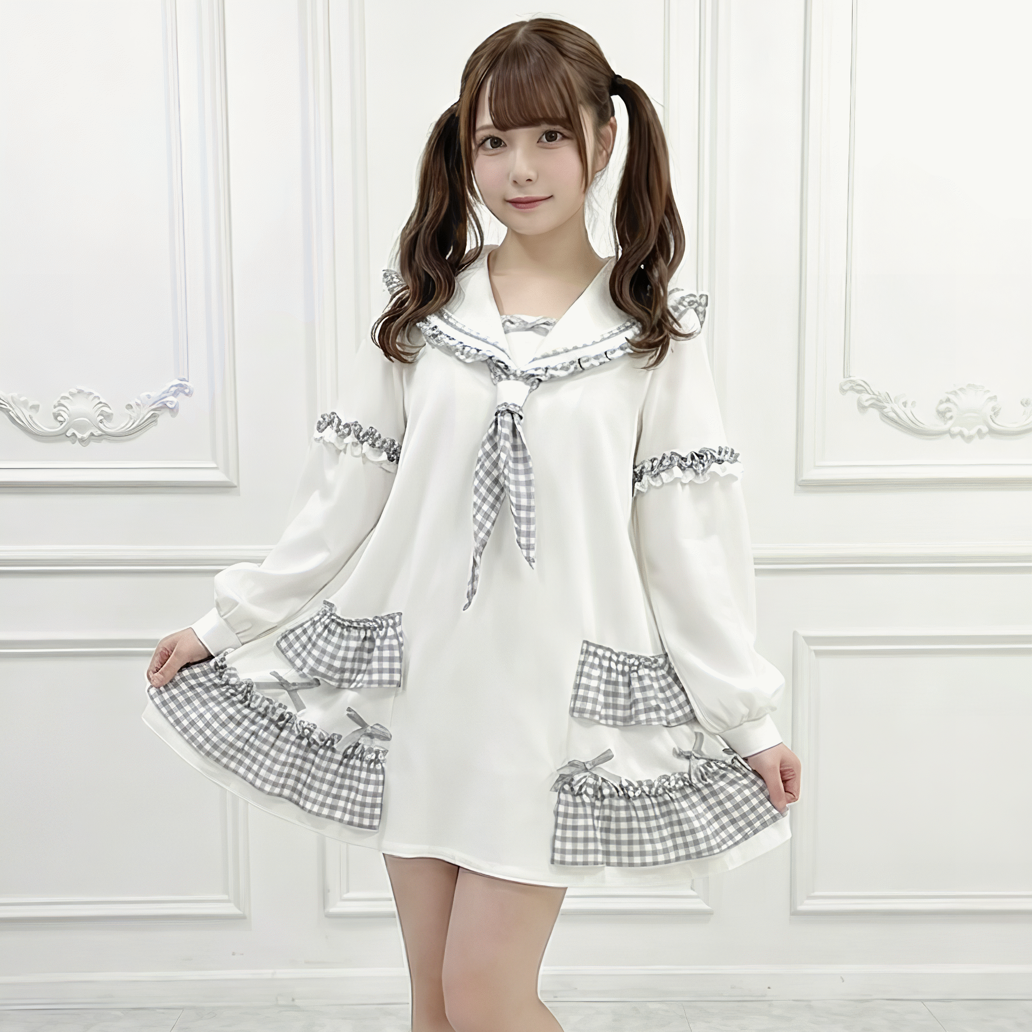 【FluffyHeart】セーラーカラーギンガムチェックチュニック◆スウェット ガーリー系 S、L