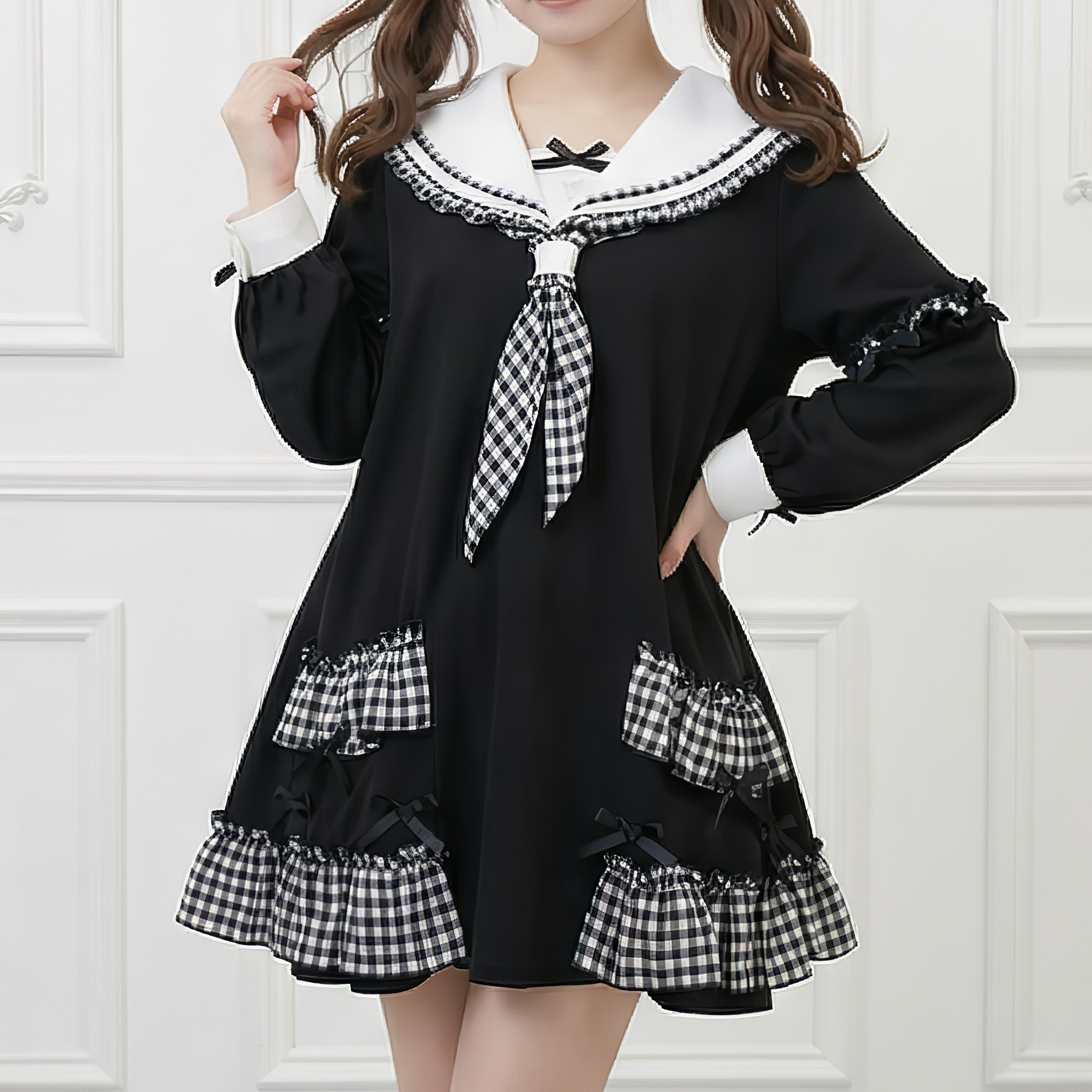 【FluffyHeart】セーラーカラーギンガムチェックチュニック◆スウェット ガーリー系 S、L