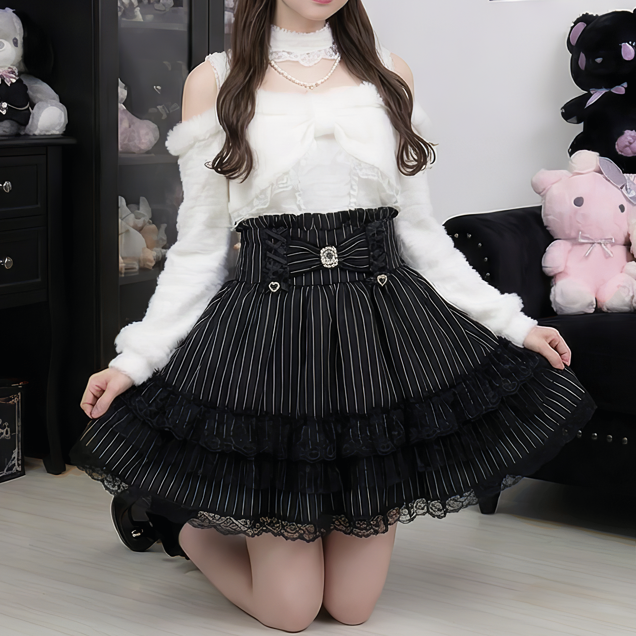 【VirtualParadise】ハイウエストレースアップビジューリボンフリルスカート◆ミニスカート 地雷系 S、M、L、XL