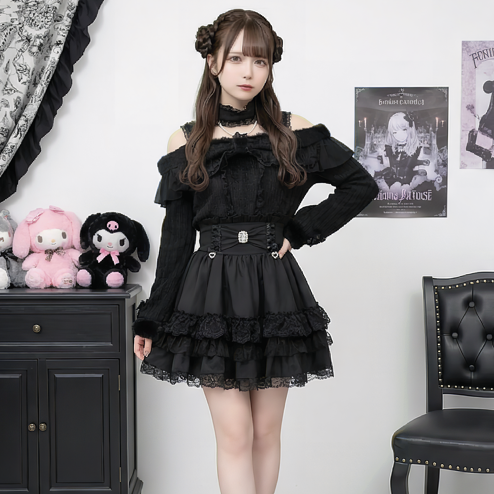 【VirtualParadise】ハイウエストレースアップビジューリボンフリルスカート◆ミニスカート 地雷系 S、M、L、XL