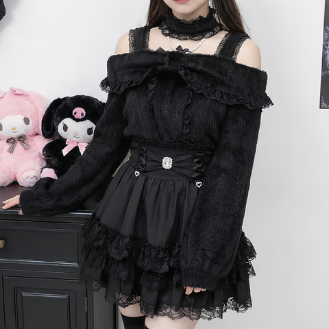 【VirtualParadise】ハイウエストレースアップビジューリボンフリルスカート◆ミニスカート 地雷系 S、M、L、XL