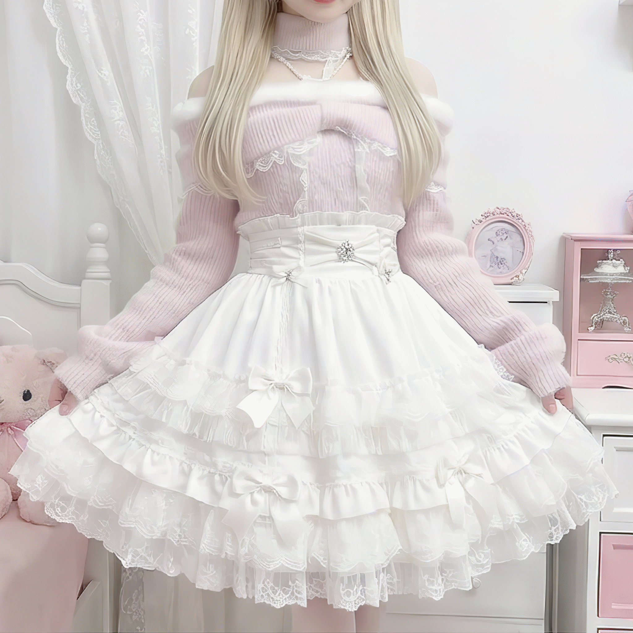 【VirtualParadise】パールチョーカー付きレースリボンシャギーニット◆セーター 量産型 S、M、L、XL