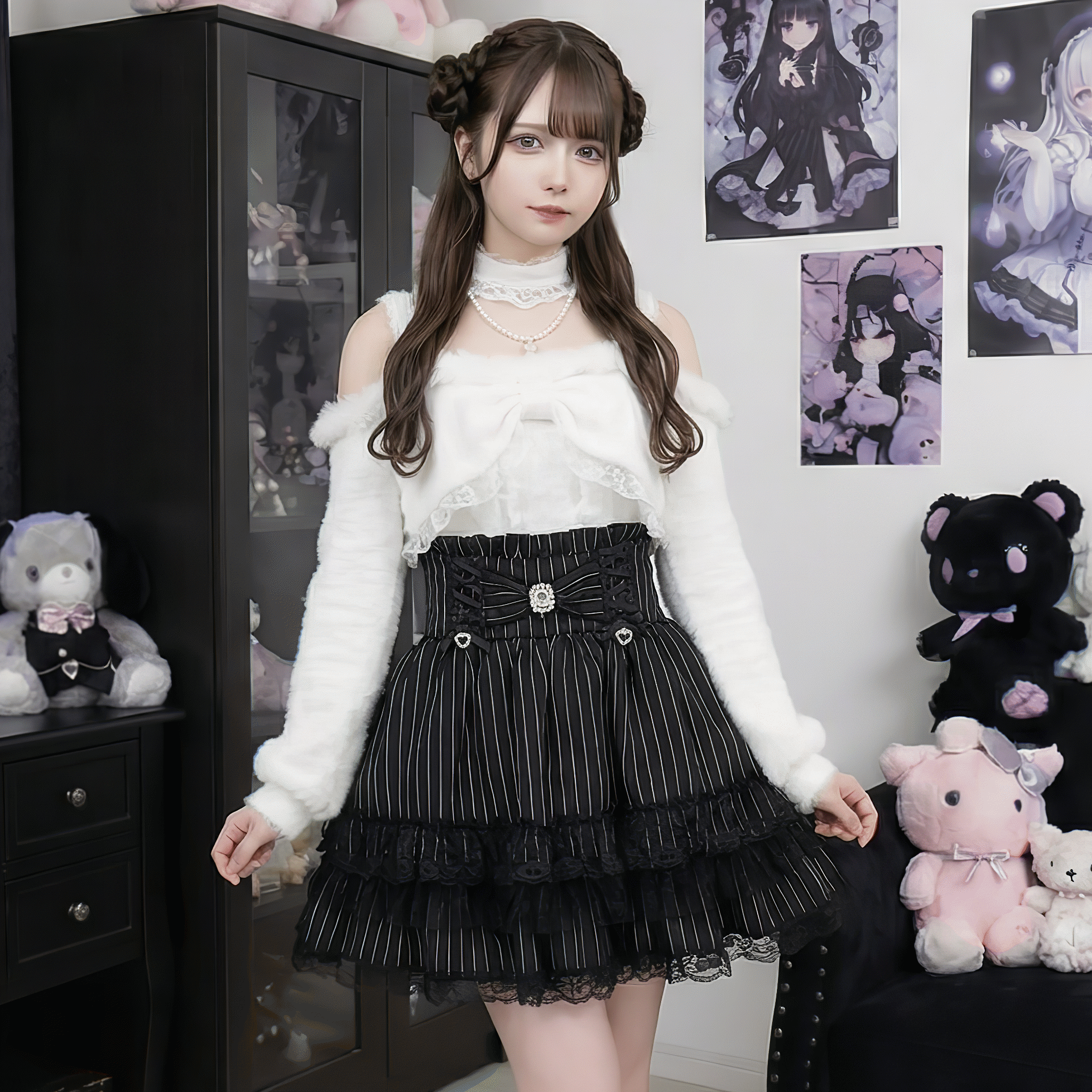 【VirtualParadise】パールチョーカー付きレースリボンシャギーニット◆セーター 量産型 S、M、L、XL