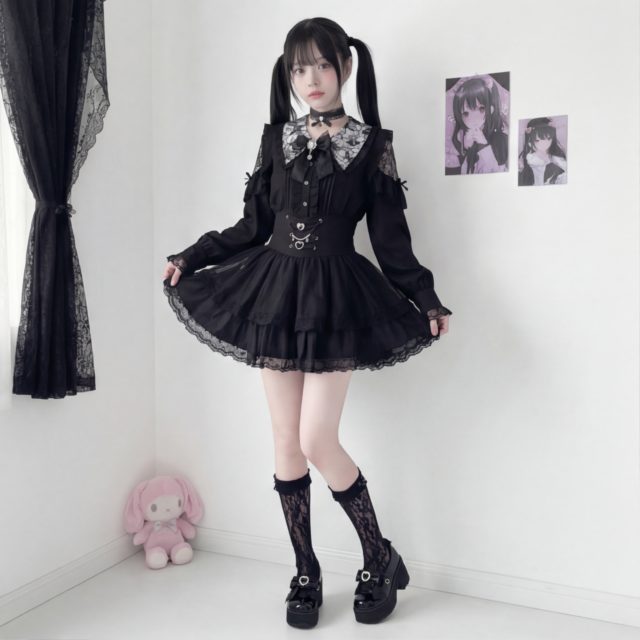 ハイウエストティアードフリルミニスカート◆ミニスカート 地雷系 S、M、L、XL