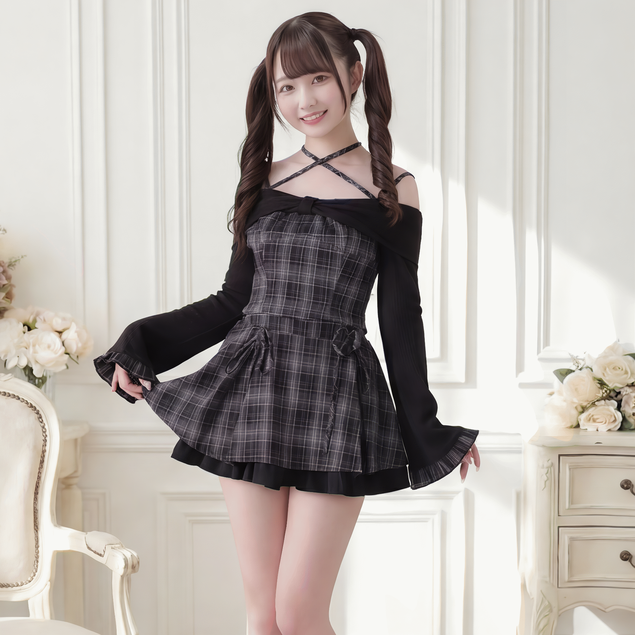【NoGenki】クロスネックオフショルチェックセットアップ◆上下セット 量産型 S、M