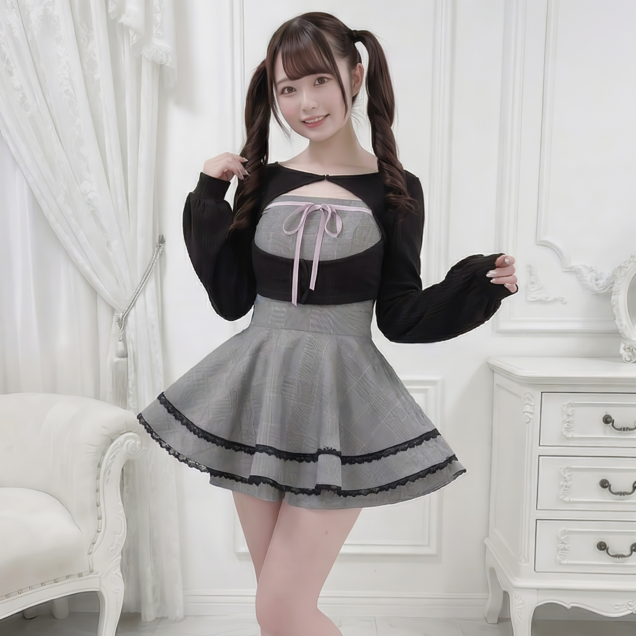 【NoGenki】カットアウトボレロフレアチェックミニワンピース◆セットアップ 量産型 S、M