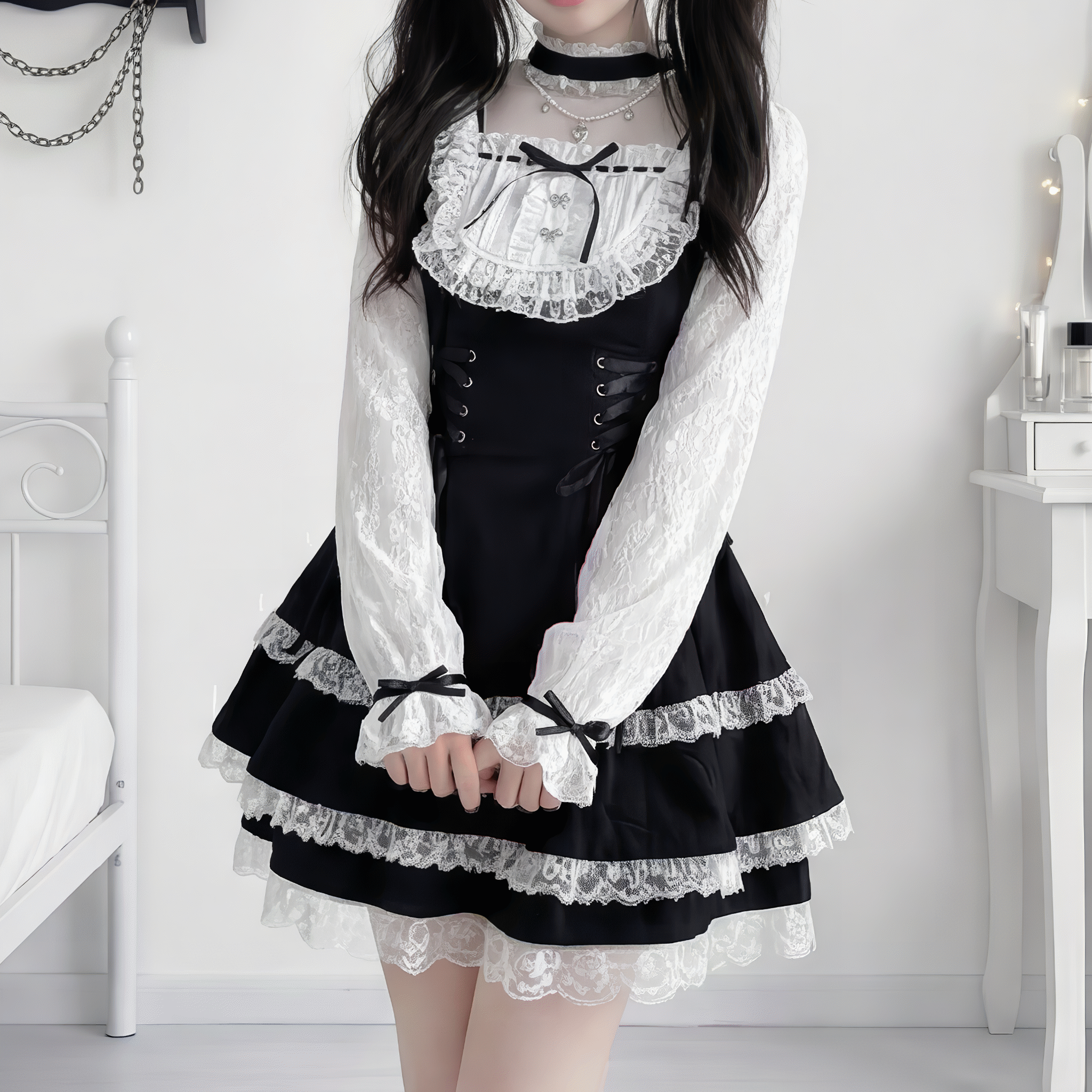レーススリーブレイヤードフリルセットアップ◆セットアップ 地雷系 S、M、L、XL