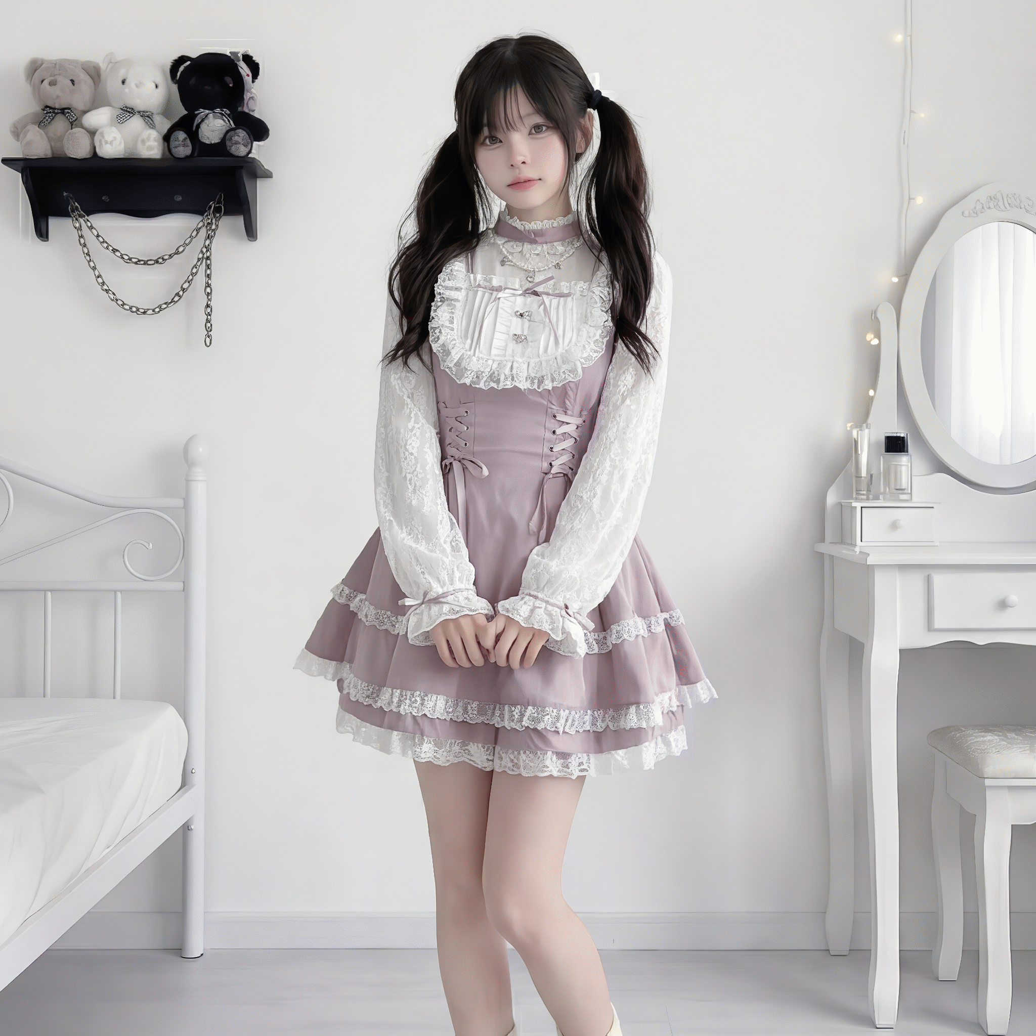 レーススリーブレイヤードフリルセットアップ◆セットアップ 地雷系 S、M、L、XL