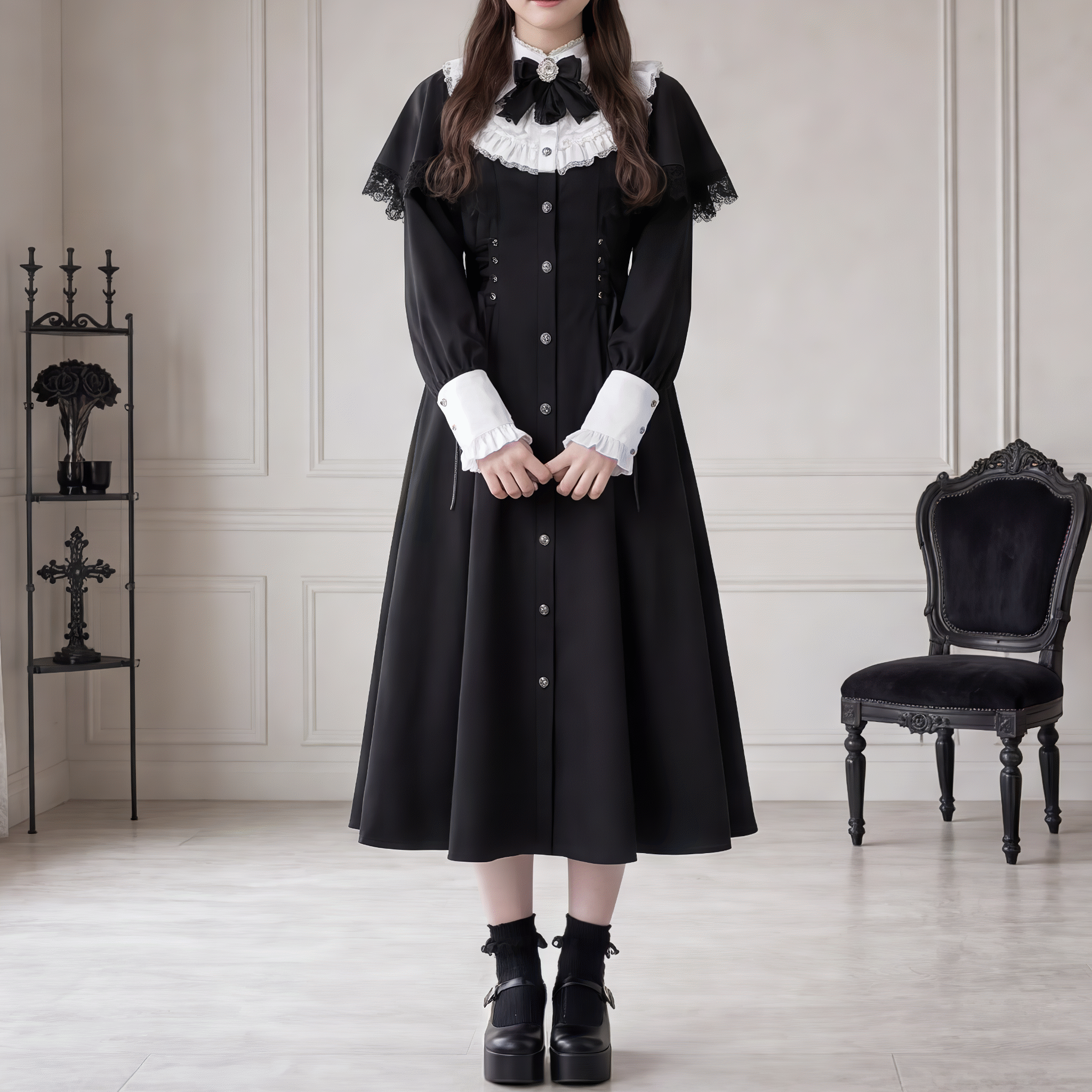 【VirtualParadise】レースカラーゴシックロングワンピース◆ロングワンピ ゴシック系 S、M、L、XL