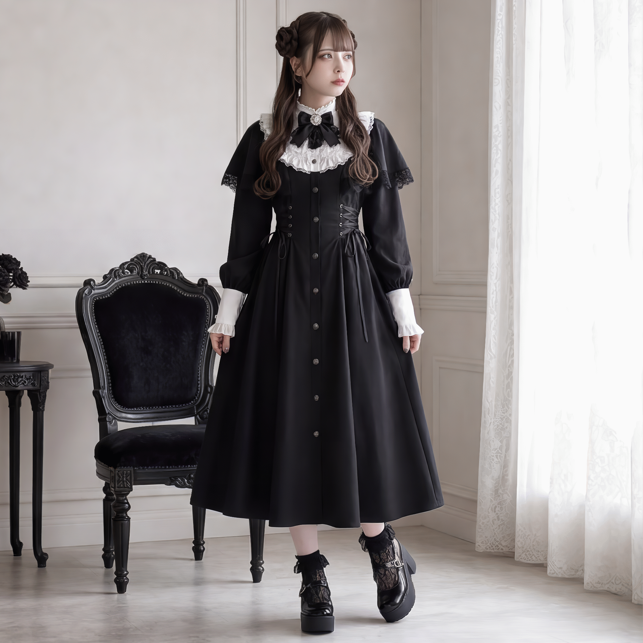 【VirtualParadise】レースカラーゴシックロングワンピース◆ロングワンピ ゴシック系 S、M、L、XL