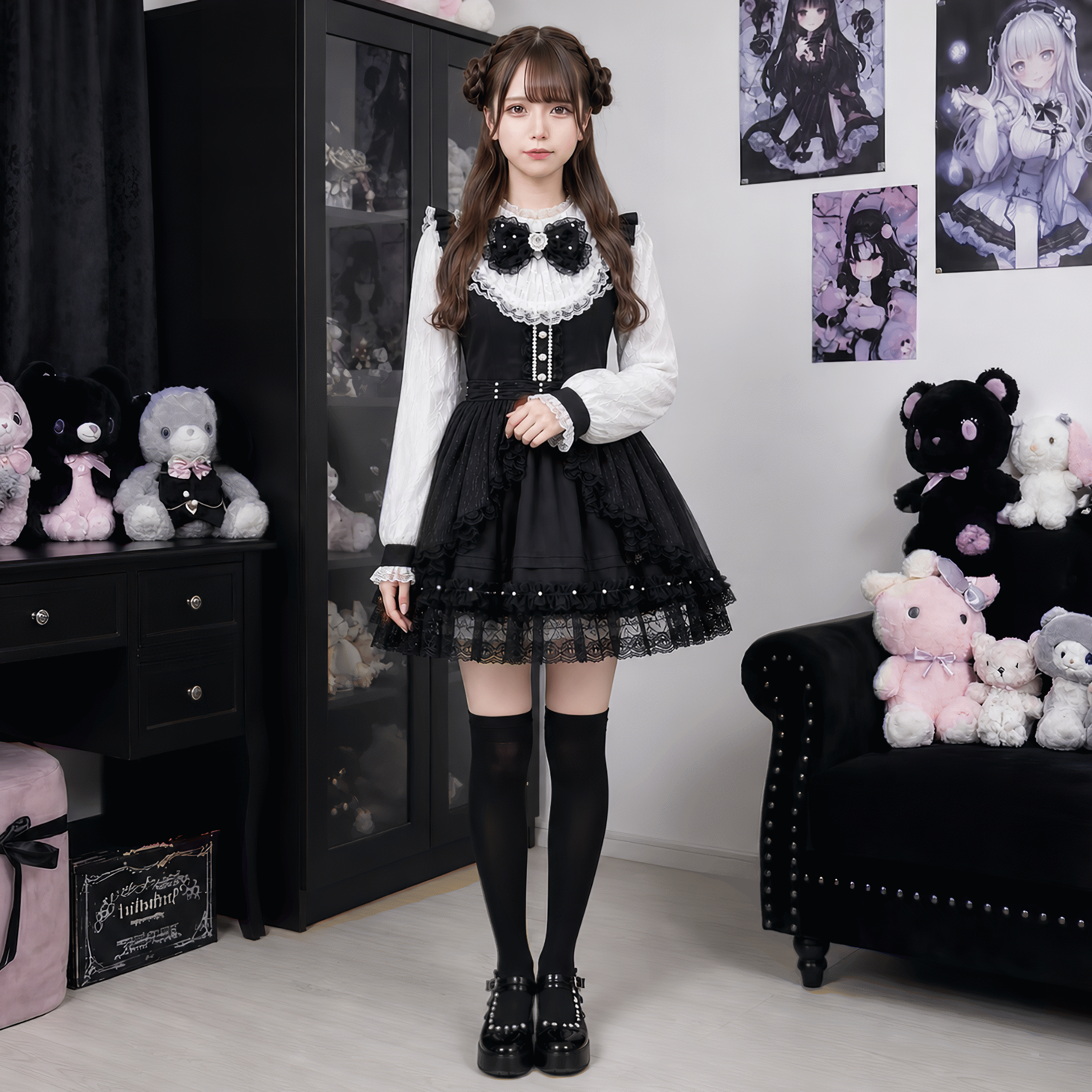 【VirtualParadise】ビジューリボンレース切替フレアワンピース◆ワンピース 地雷系 S、M、L、XL