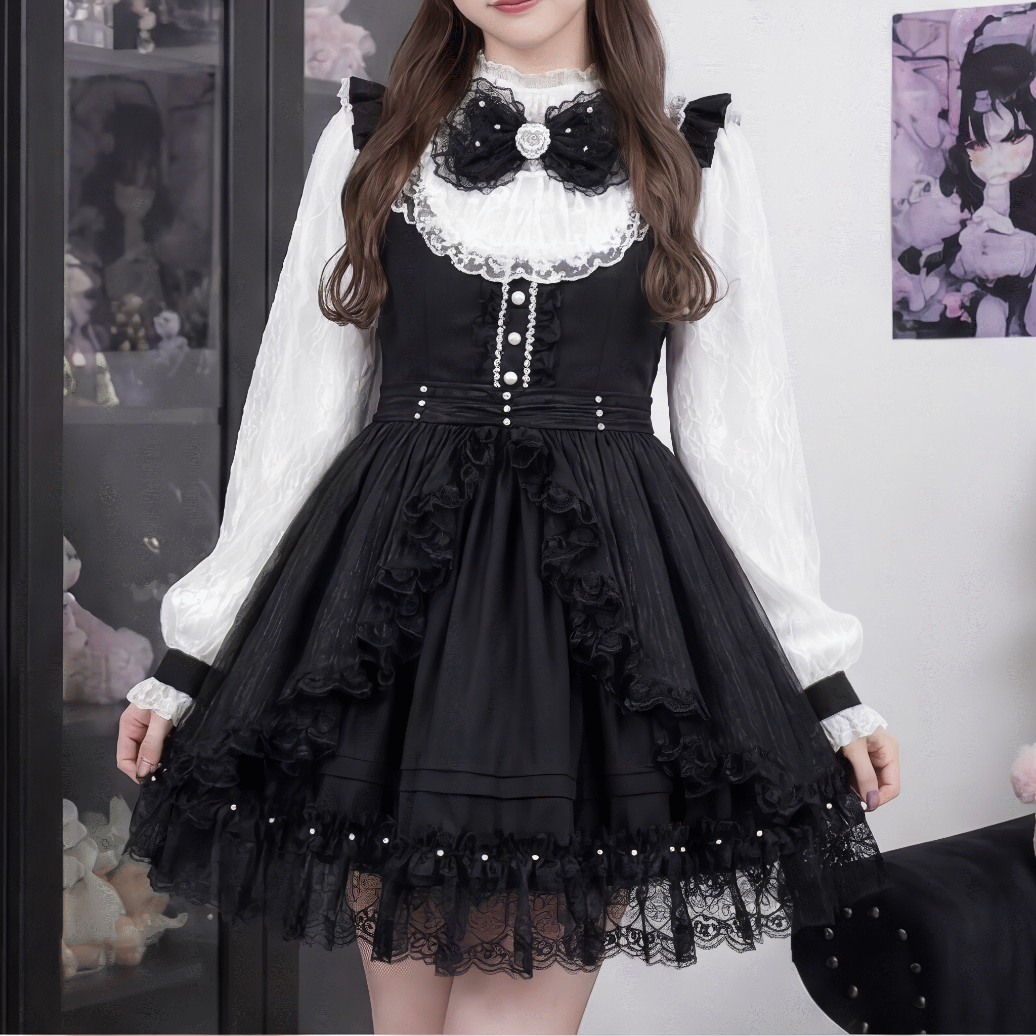 【VirtualParadise】ビジューリボンレース切替フレアワンピース◆ワンピース 地雷系 S、M、L、XL