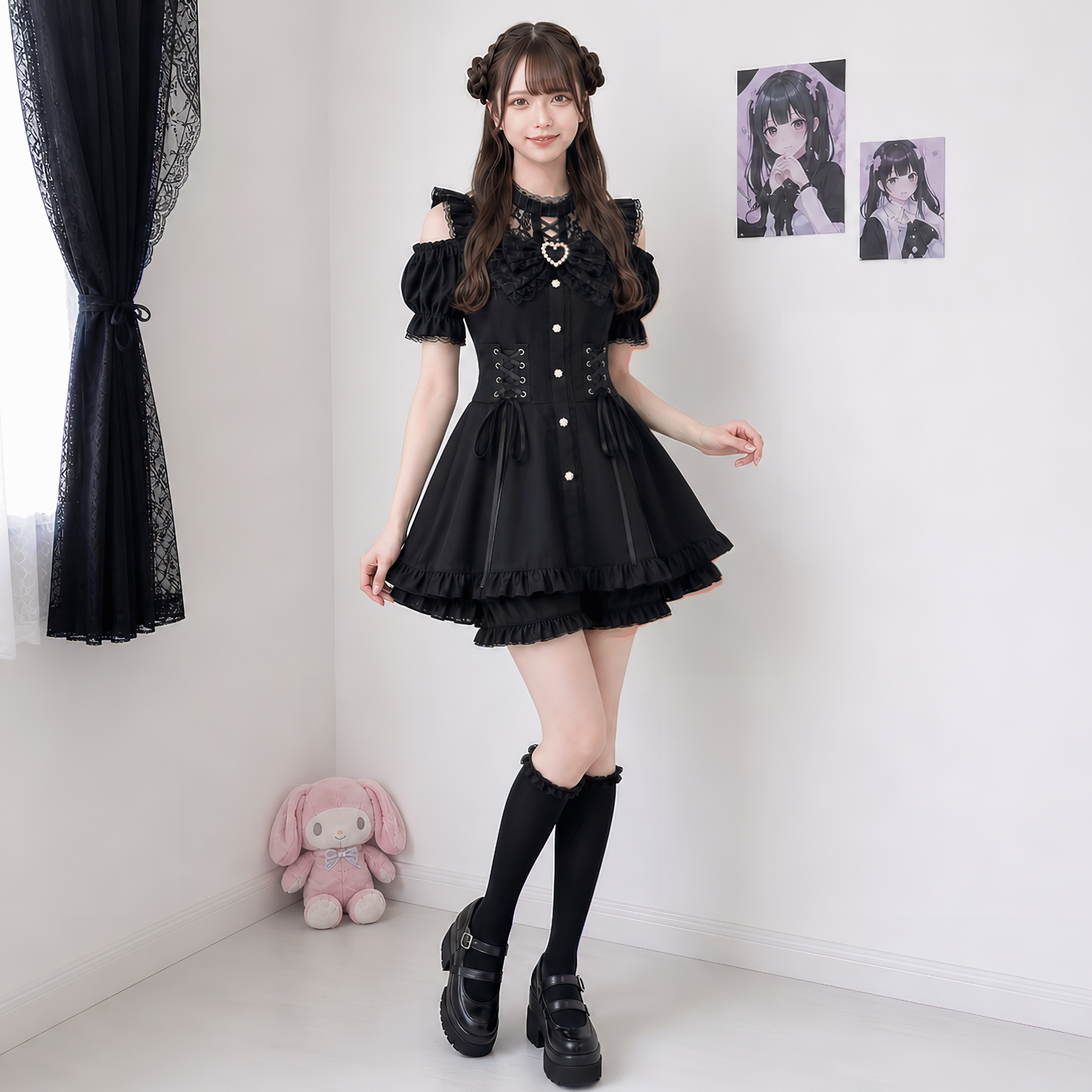 【VirtualParadise】ハートビジューレースオフショルセットアップ◆セットアップ 地雷系 S、M、L、XL