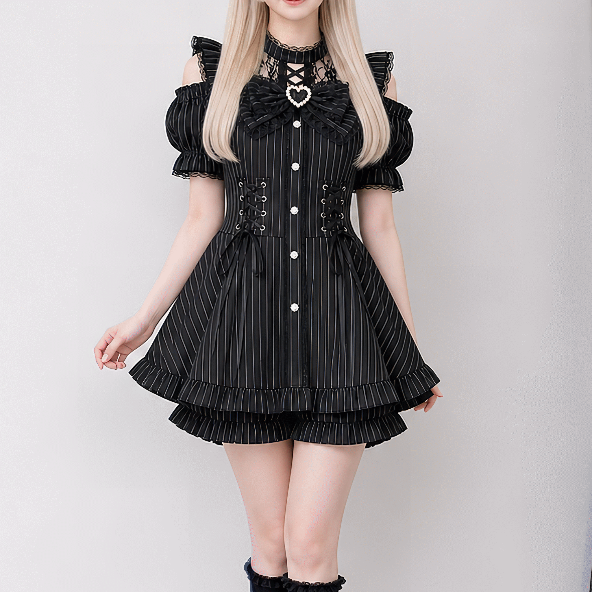 【VirtualParadise】ハートビジューレースオフショルセットアップ◆セットアップ 地雷系 S、M、L、XL