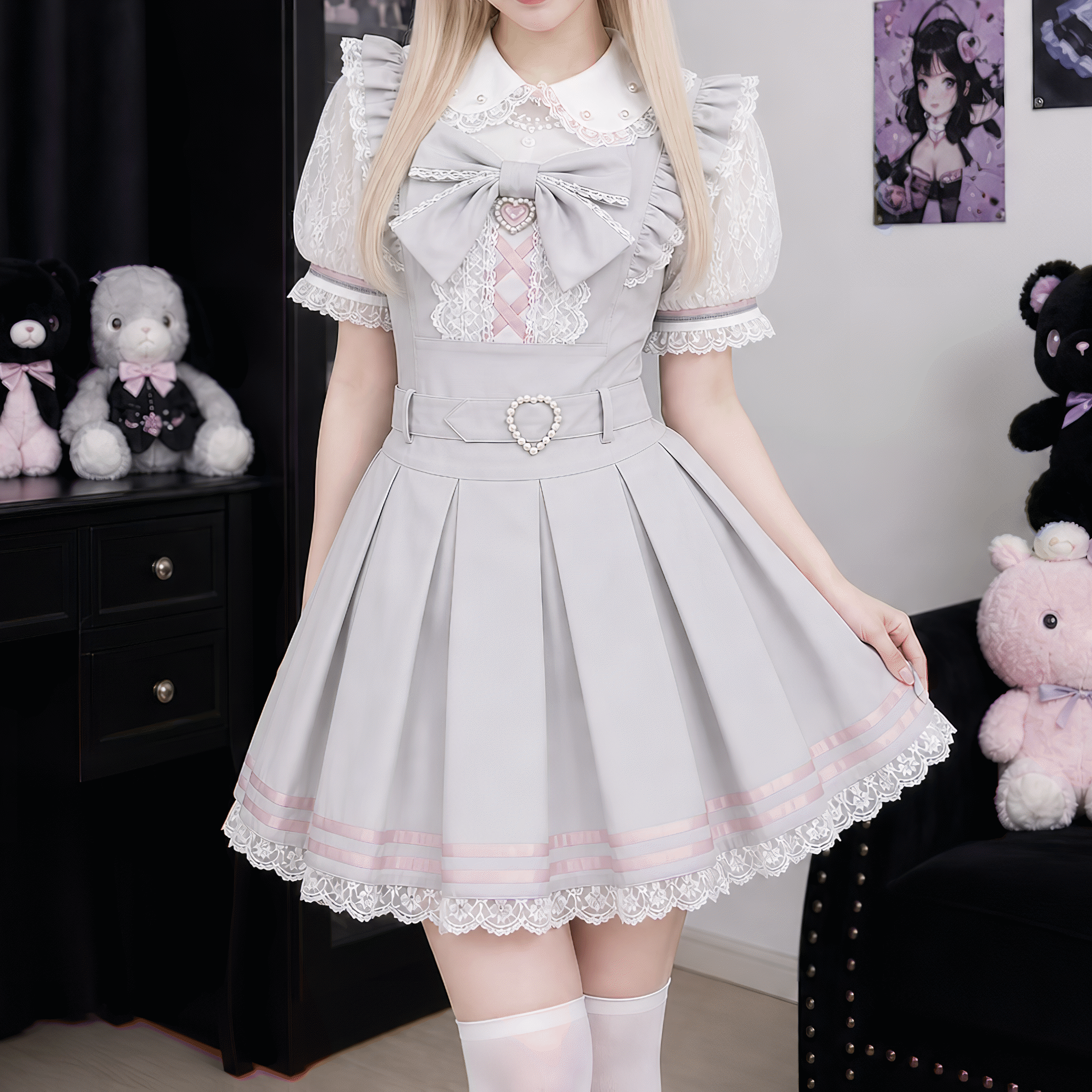 【VirtualParadise】パールハートバックルビッグリボン半袖ワンピース◆ワンピース 量産型 S、M、L、XL