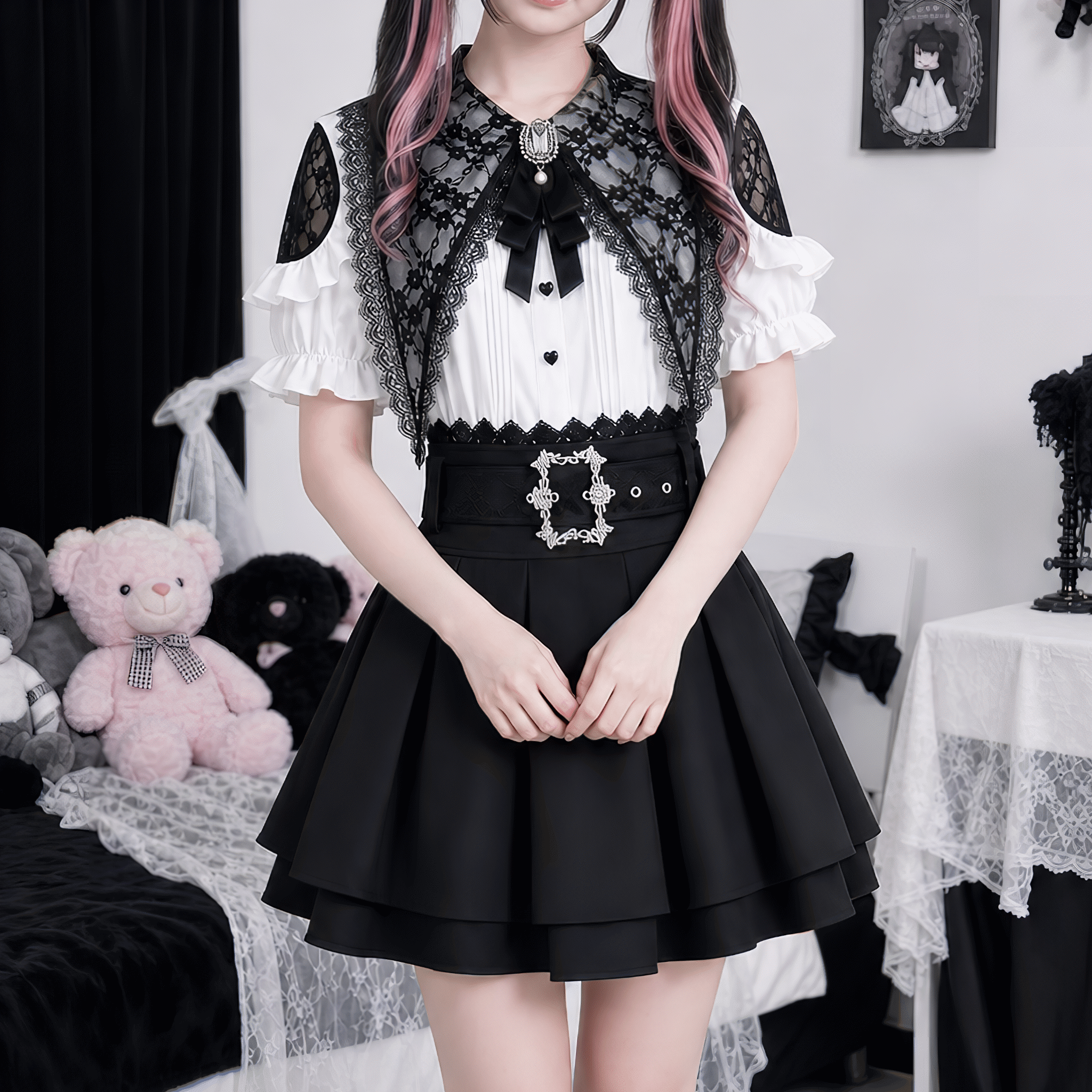 【AngelShare】ビッグレースカラーピンタック半袖セットアップ◆セットアップ 地雷系 M、L、XL、XXL