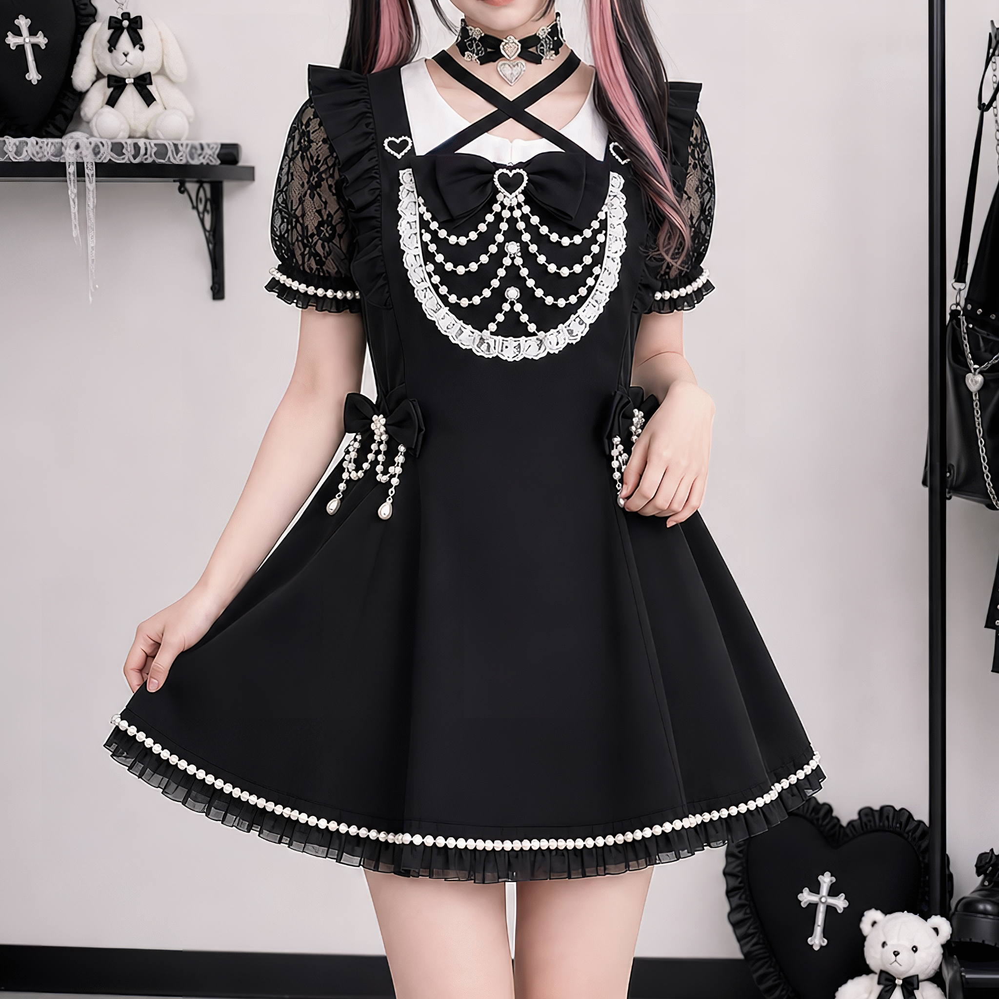 【AngelShare】パールチェーンリボンレーススリーブAラインワンピース◆ワンピース 地雷系 M、L、XL、XXL