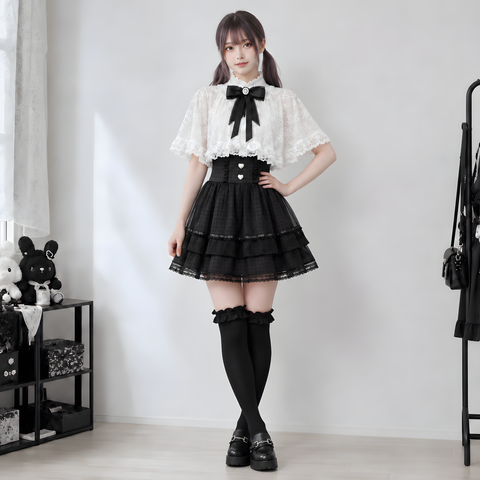 【AmbientEnergy】ハイウエストレースフリルミニスカート◆ミニスカート 地雷系 S、M、L、XL、XXL、XXXL