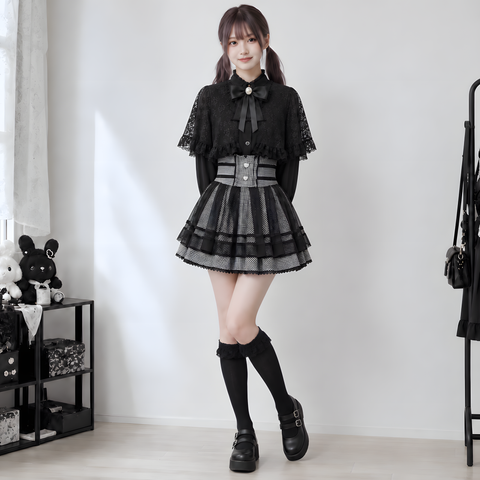 【AmbientEnergy】リボン付レースケープ長袖ブラウス◆ブラウス 地雷系 S、M、L、XL、XXL、XXXL