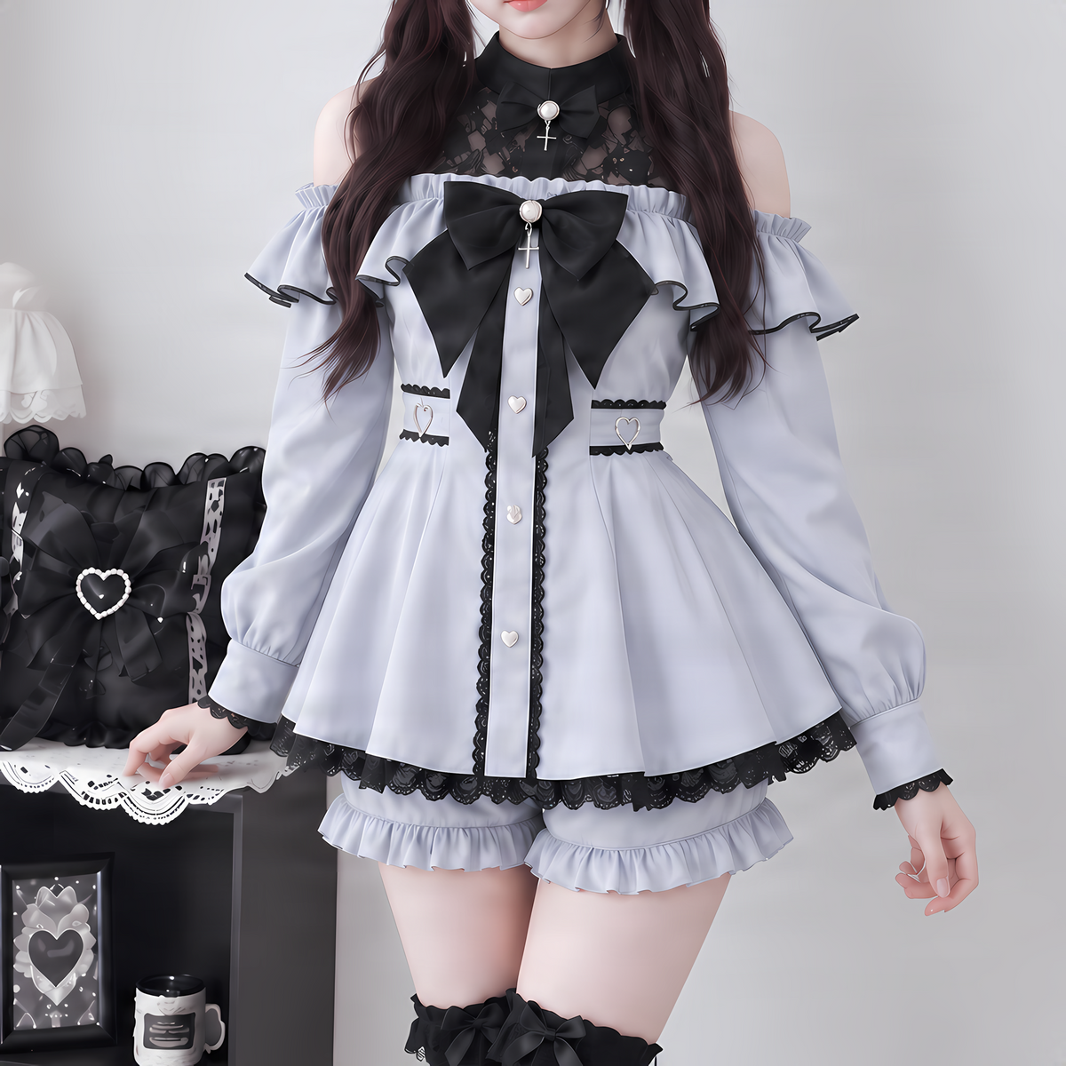 【AmbientEnergy】ハートボタンレースフリルセットアップ◆セットアップ 地雷系 XS、S、M、L、XL、XXL、XXXL