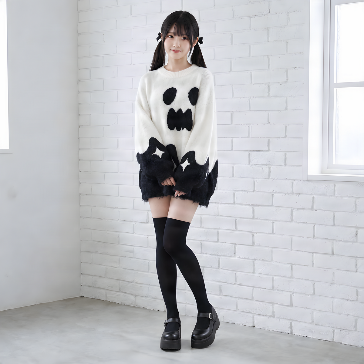 【CatWish】ゴーストデザインオーバーサイズセーター◆セーター サブカル系 S、M、L