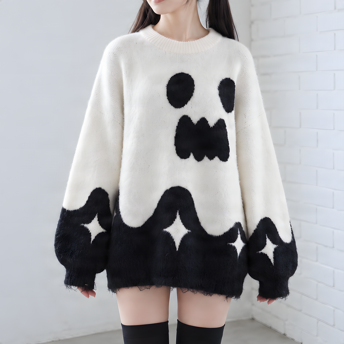【CatWish】ゴーストデザインオーバーサイズセーター◆セーター サブカル系 S、M、L