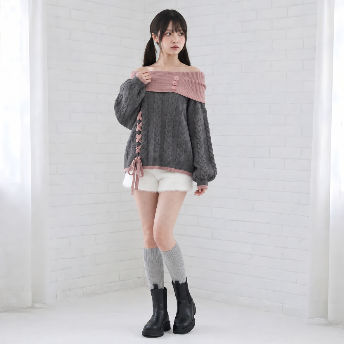 【CatWish】編み上げオフショルダーセーター◆セーター 地雷系 S、M
